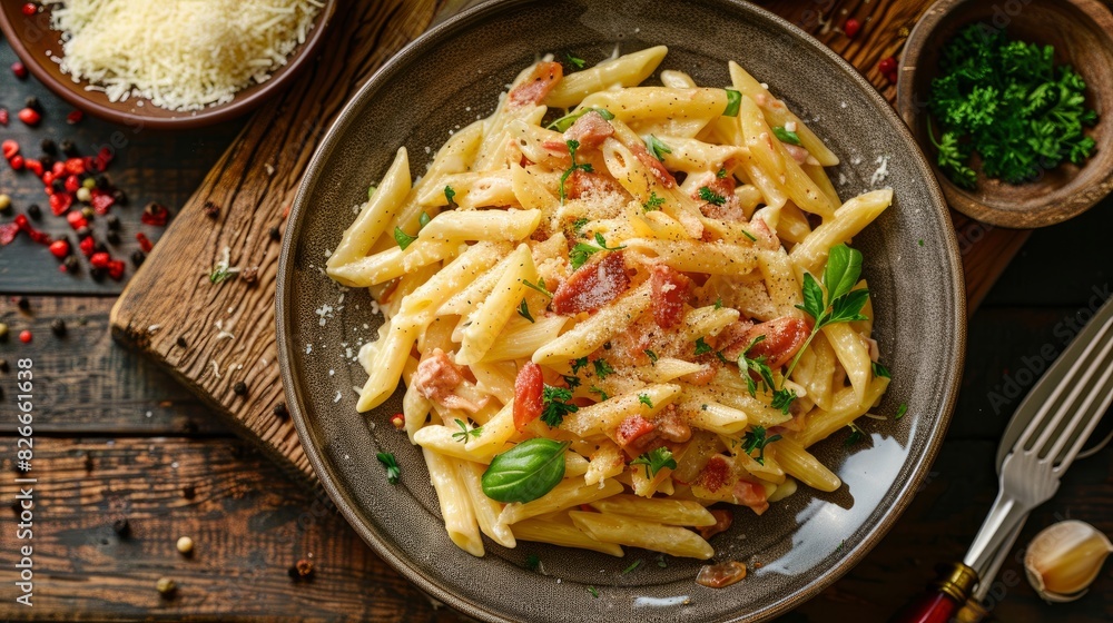 A mouth-watering serving of Penne carbonara, perfectly cooked and presented on a rustic wooden table A mouth-watering serving of Penne carbonara, perfectly cooked and presented on a rustic wooden table
