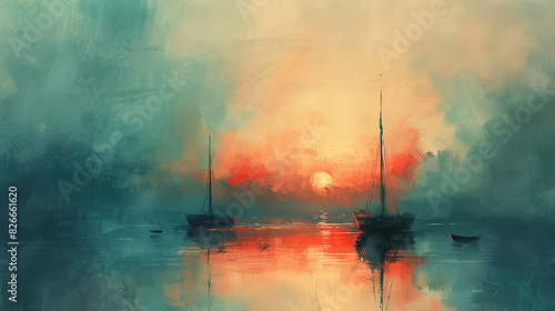 watercolor painting of Sky sunset and boat on the water. Modern impressionism , Watercolor seascape