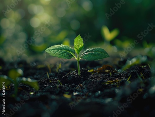 A small green plant is growing in the dirt