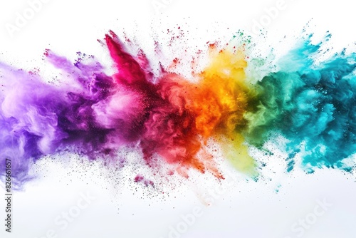 A colorful explosion of paint is splattered across a white background photo