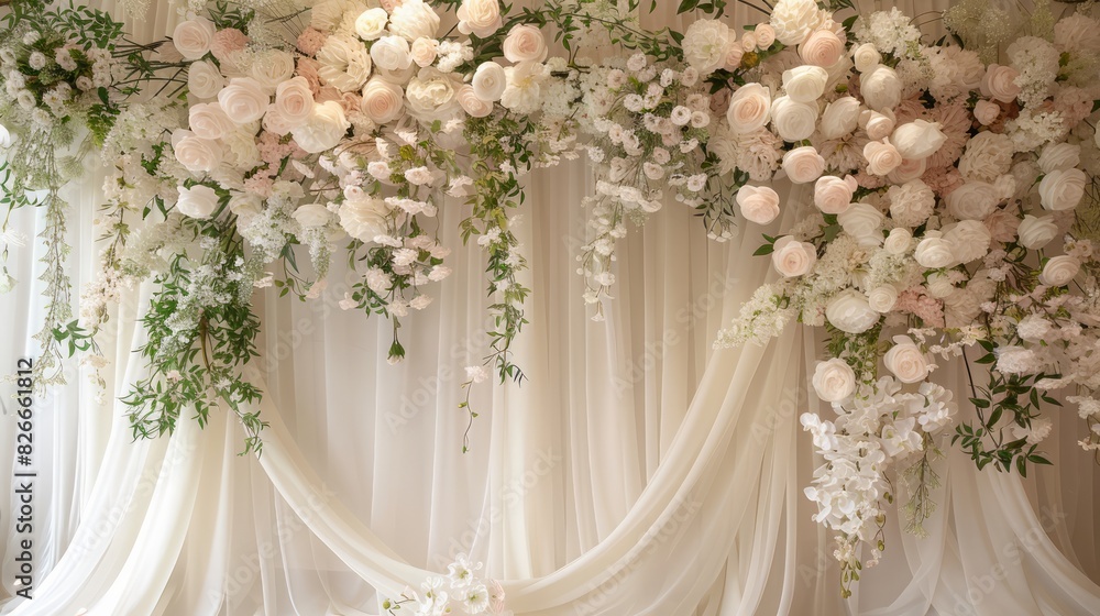A white curtain with flowers hanging from it A white curtain with flowers hanging from it