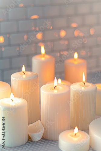 A row of candles are lit and arranged in a row