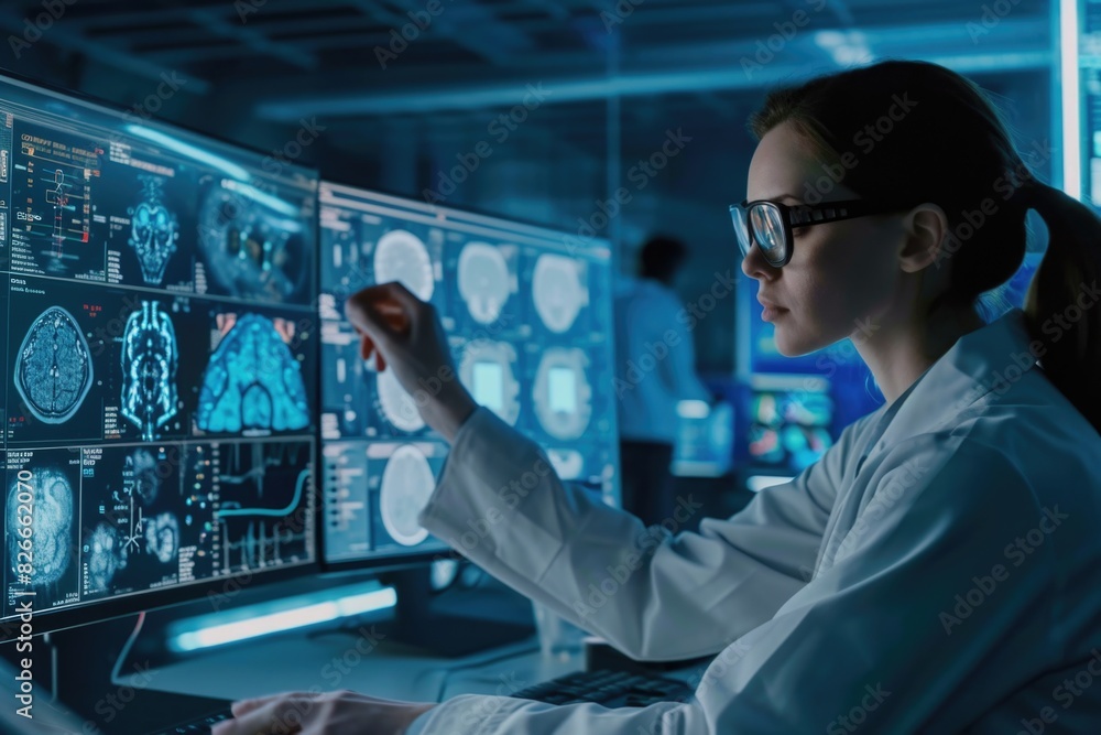A woman in a lab coat is looking at a computer monitor with a picture of a brain on it. She is pointing at the screen A woman in a lab coat is looking at a computer monitor with a picture of a brain on it. She is pointing at the screen