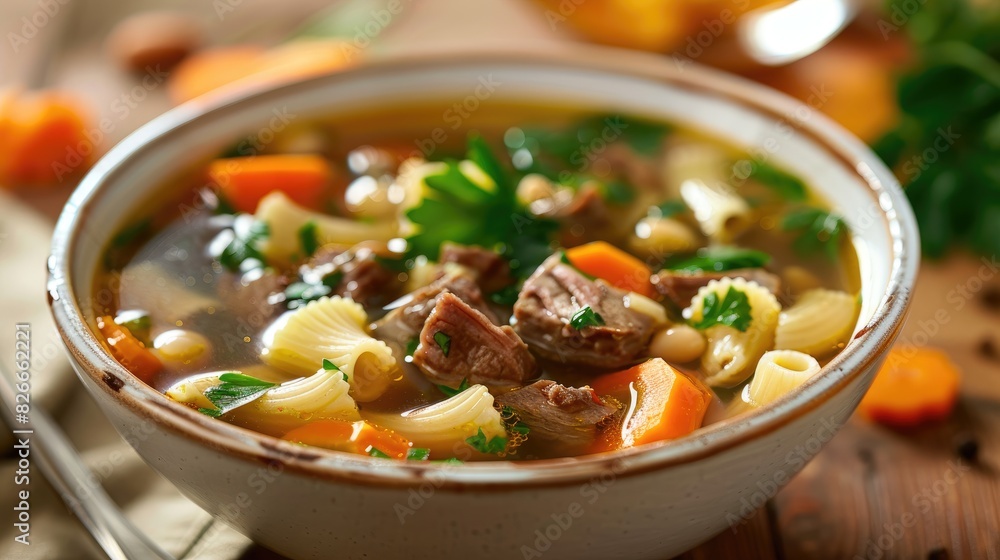 Holiday soup containing meat and pasta shapes Holiday soup containing meat and pasta shapes