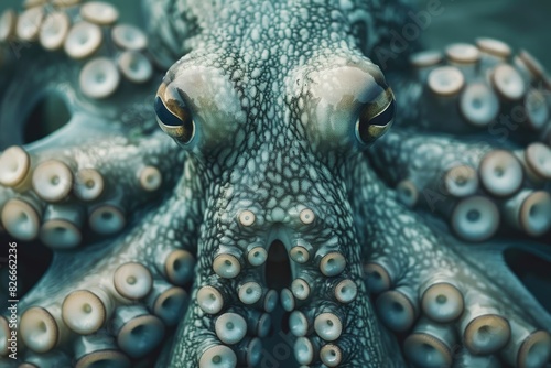 A large octopus with many eyes and a mouth. The octopus is blue and white © vefimov