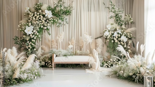 A white room with a floral arrangement and a white couch
