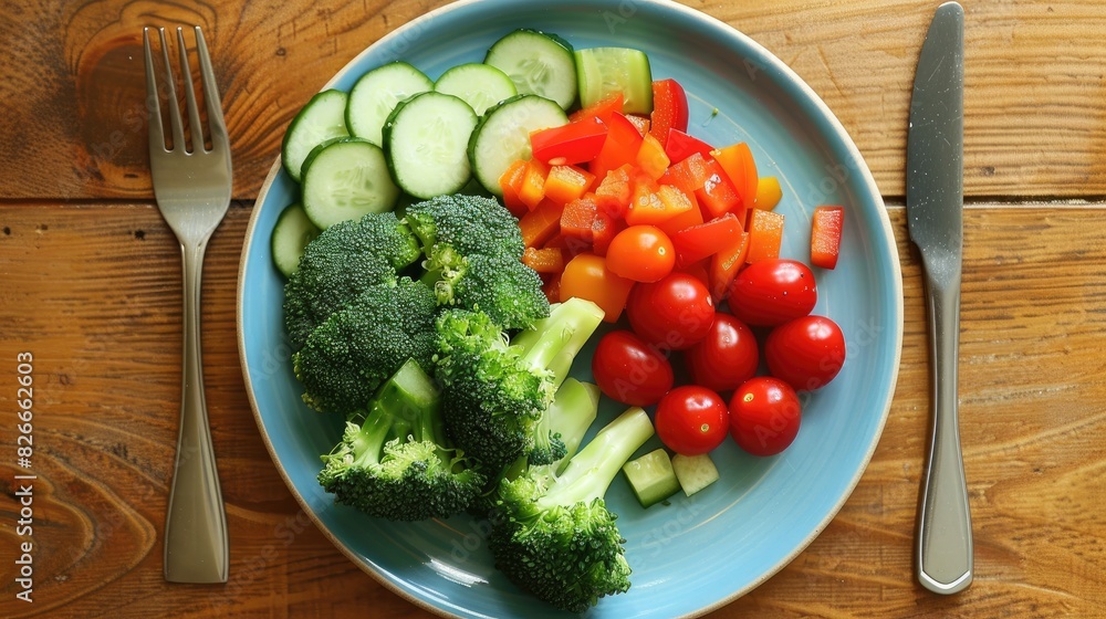 A round plate with assorted colorful vegetables and a slice of bread captured in the photo you shared The dish features broccoli cherry tomatoes red bell pepper and cucumber slices