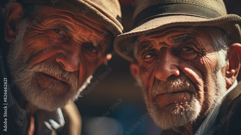Two men with hats and beards are standing next to each other. They both have a serious look on their faces Two men with hats and beards are standing next to each other. They both have a serious look on their faces