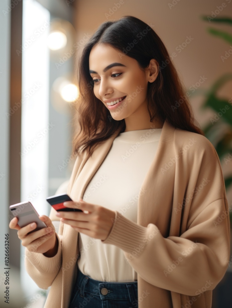 A woman is smiling and holding a cell phone. She is also holding a credit card. Concept of happiness and convenience, as the woman is able to use her phone and credit card to make purchases A woman is smiling and holding a cell phone. She is also holding a credit card. Concept of happiness and convenience, as the woman is able to use her phone and credit card to make purchases