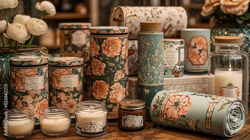 Assorted packaging for luxury bath products, such as scented candles and bath salts. The packaging includes decorative glass jars, elegant paper wraps, and custom boxes.