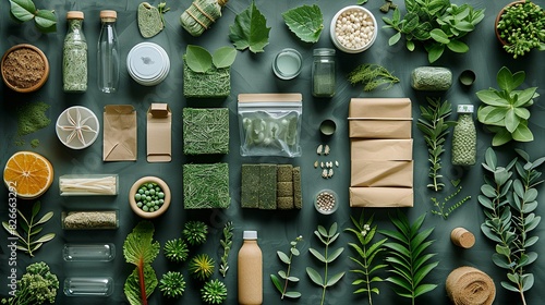Mockups of eco-friendly packaging, including biodegradable plastic alternatives and recycled paper products. The items emphasize sustainability and environmental consciousness. photo