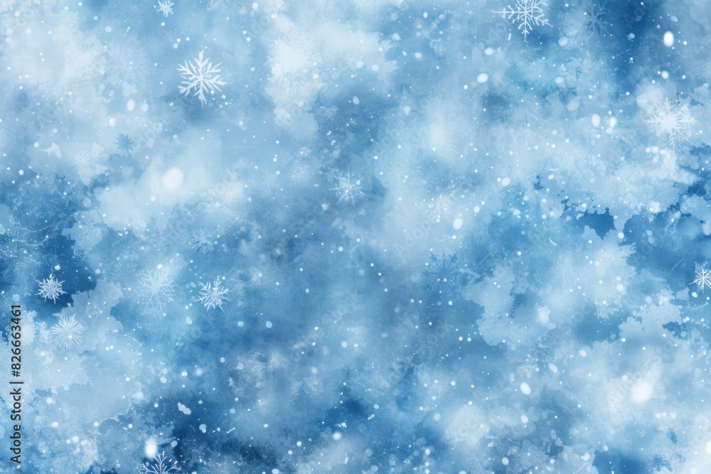 A blue sky with snowflakes falling on it. The snowflakes are scattered all over the sky, creating a sense of movement and liveliness. The blue sky contrasts with the white snowflakes