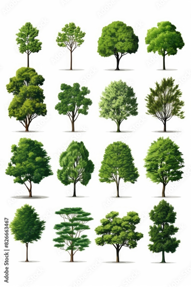 A collection of trees in various sizes and shapes. The trees are all green and are spread out across the image A collection of trees in various sizes and shapes. The trees are all green and are spread out across the image