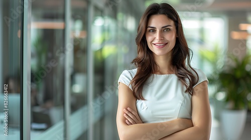 Free Download Confident young businesswoman standing with arms crossed in modern office space. - GFXLoad