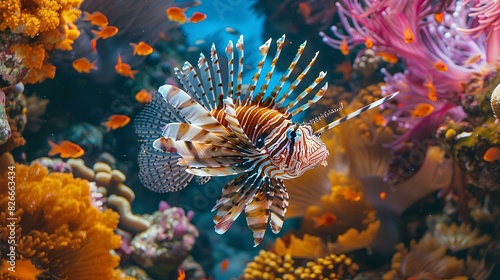 A regal lionfish drifting lazily among vibrant coral formations, its venomous spines a warning to would-be predators.