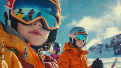 A young girl wearing a bright orange jacket and goggles is posing for a picture with two other children. The scene is set on a snowy mountain, and the children are all wearing ski gear © vefimov