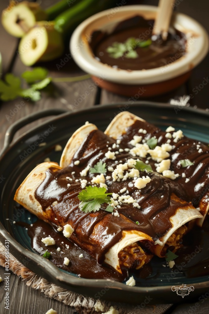 A plate of enchiladas with a side of guacamole and sour cream. The dish is served on a wooden table with a bowl of guacamole and sour cream nearby A plate of enchiladas with a side of guacamole and sour cream. The dish is served on a wooden table with a bowl of guacamole and sour cream nearby