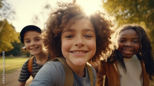 Three children with curly hair are smiling and posing for a picture. Scene is happy and lighthearted © vefimov
