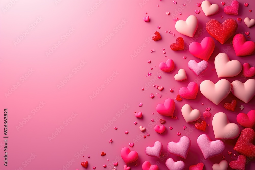 A pink background with a large number of hearts scattered around it. The hearts are of different sizes and colors, creating a vibrant and cheerful atmosphere. Concept of love, affection, and warmth