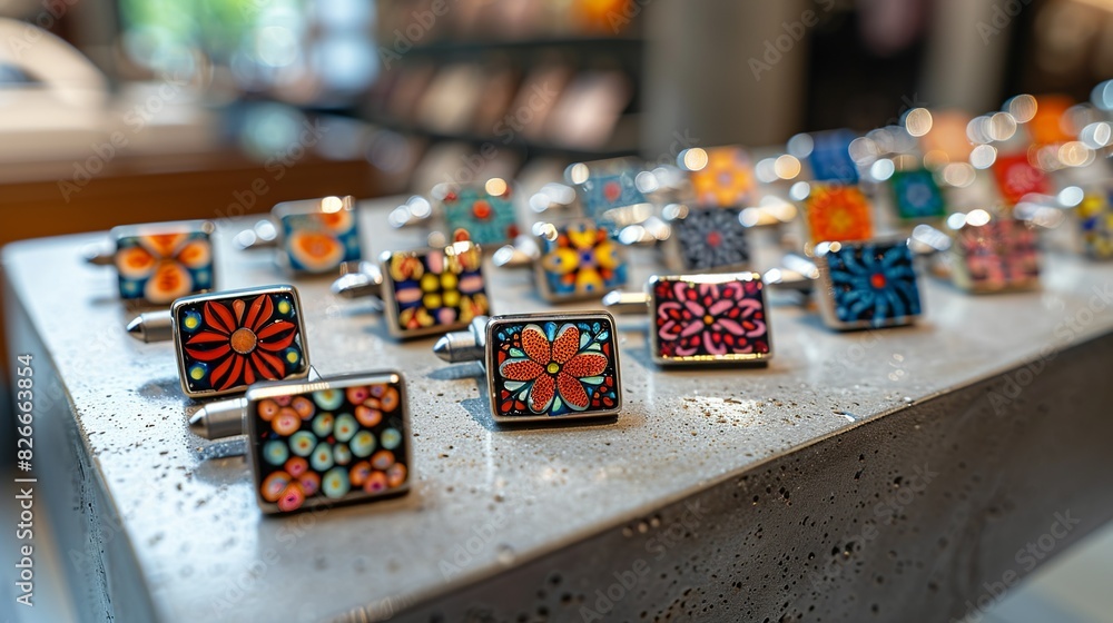 A collection of designer cufflinks on a polished concrete top, with a retail environment softly out of focus in the background, surrounded by abstract, nature-inspired motifs. A collection of designer cufflinks on a polished concrete top, with a retail environment softly out of focus in the background, surrounded by abstract, nature-inspired motifs.