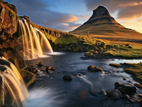 A waterfall is flowing into a lake in front of a mountain. The water is clear and calm, and the mountain in the background is tall and majestic. The scene is serene and peaceful, with the water