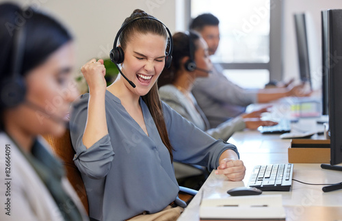 Call center, consultant and woman with success, achievement and communication in office. Happy, winner and telemarketing agent in workplace for talking, sale and celebration for customer service