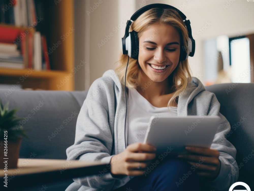 A woman is sitting on a couch with a tablet in her hand and headphones on. She is smiling and she is enjoying her music or whatever she is watching on the tablet. Concept of relaxation and leisure A woman is sitting on a couch with a tablet in her hand and headphones on. She is smiling and she is enjoying her music or whatever she is watching on the tablet. Concept of relaxation and leisure