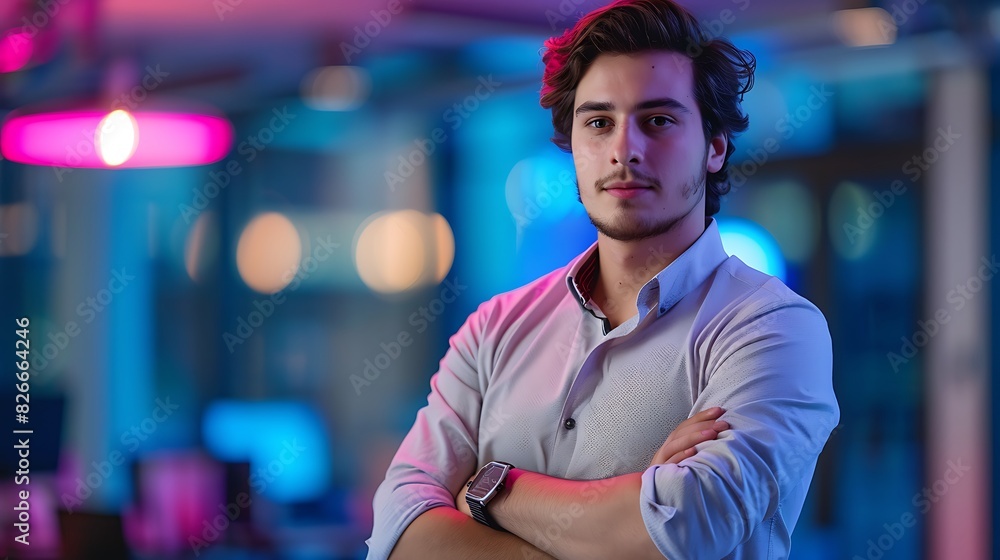 Portrait of a confident young businessman standing in a modern office with neon lights. Portrait of a confident young businessman standing in a modern office with neon lights.