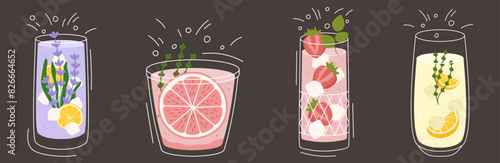 Collection with different taste lemonade and various of glasses shapes. Lemon and thyme, lavender, grapefruit and strawberry. Vector illustration in outline and flat color style on dark background
