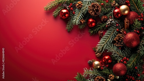 A red background with a Christmas tree on it. The tree is full of red and gold ornaments © vefimov