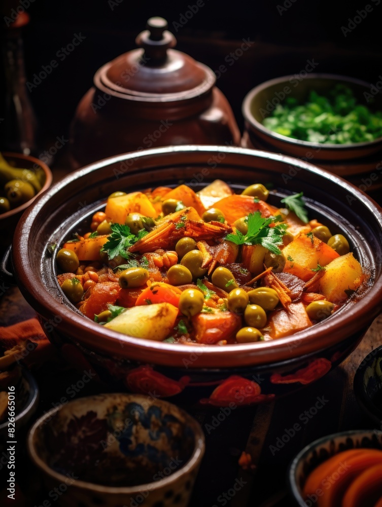 A bowl of food with a variety of vegetables and potatoes. The bowl is placed on a table with other bowls and cups A bowl of food with a variety of vegetables and potatoes. The bowl is placed on a table with other bowls and cups