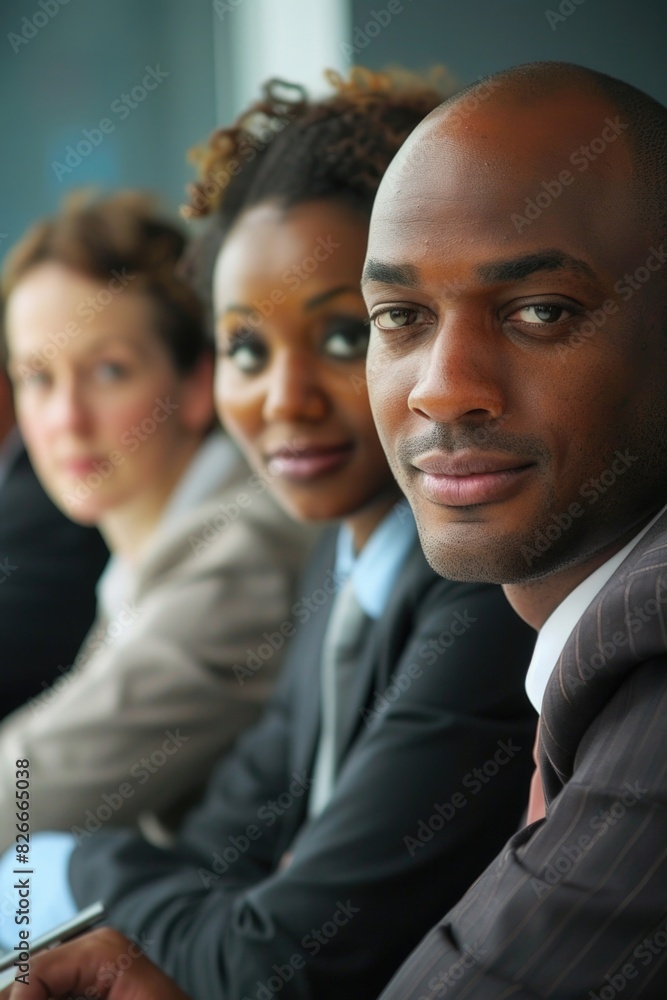 Three people in suits are sitting together and one of them is smiling. Concept of professionalism and camaraderie among the group Three people in suits are sitting together and one of them is smiling. Concept of professionalism and camaraderie among the group