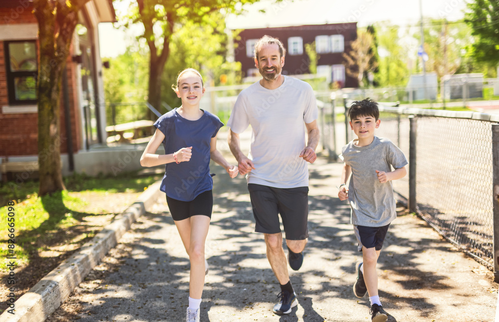 A father and two childs exercising and jogging together at an outdoor park having great fun