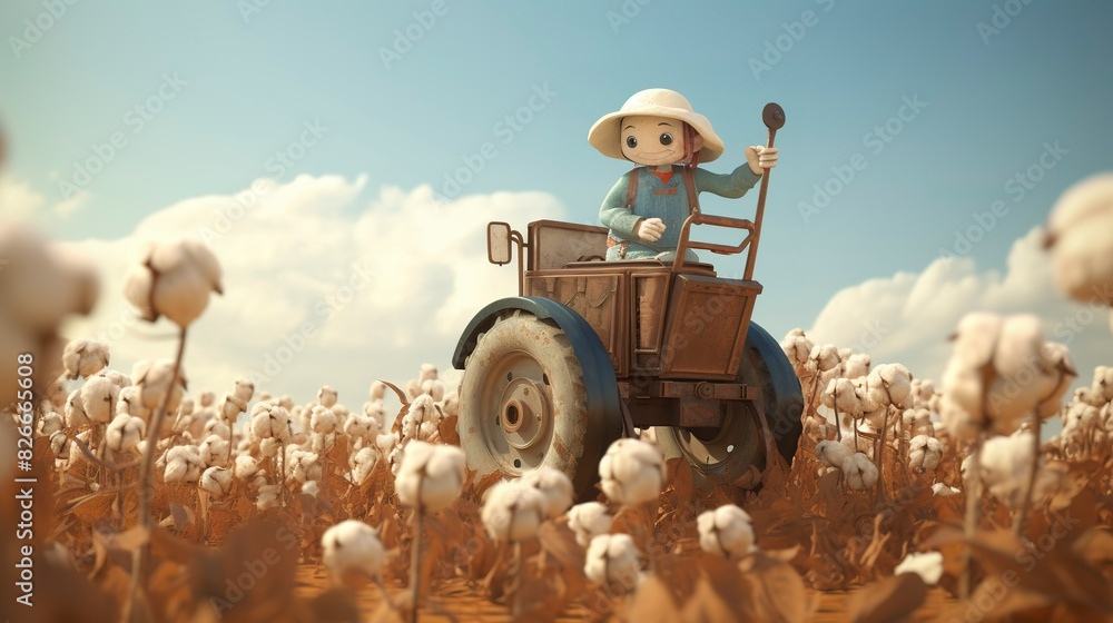 Obraz premium A photo of a 3D character driving a cotton picker