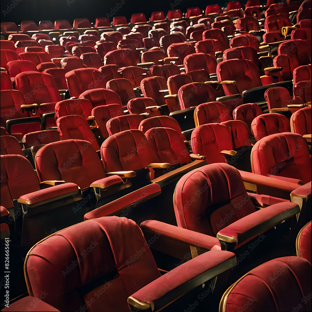 Obraz premium A Close up of multiple rows of red theatre seats at a cinema hall, front view with copy space 