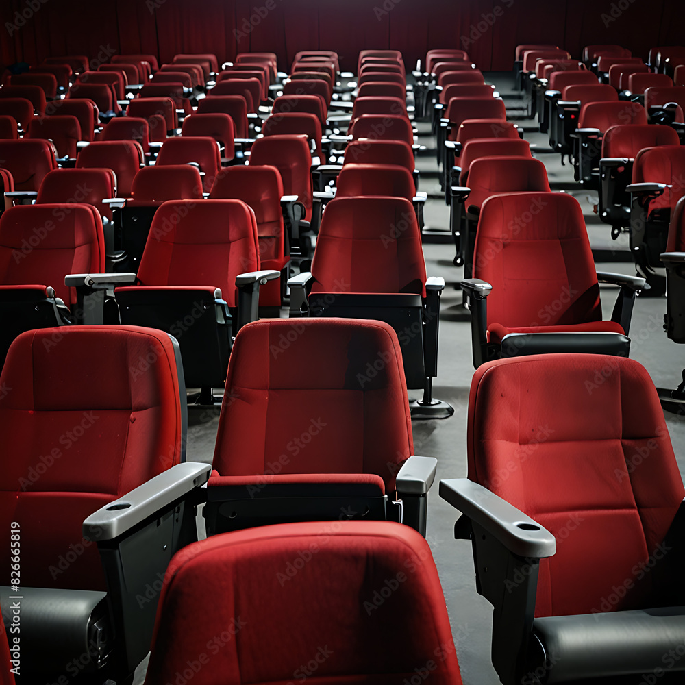 Fototapeta premium A Close up of multiple rows of red theatre seats at a cinema hall, front view with copy space 