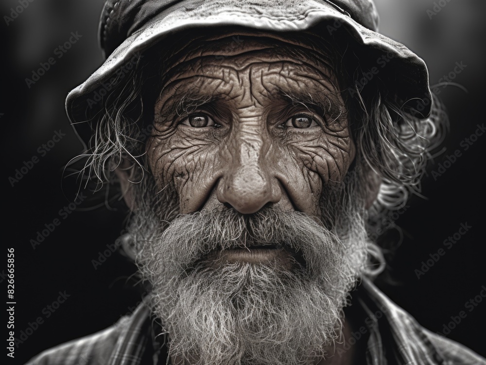 A man with a hat and beard is staring at the camera. The image has a moody and serious tone A man with a hat and beard is staring at the camera. The image has a moody and serious tone