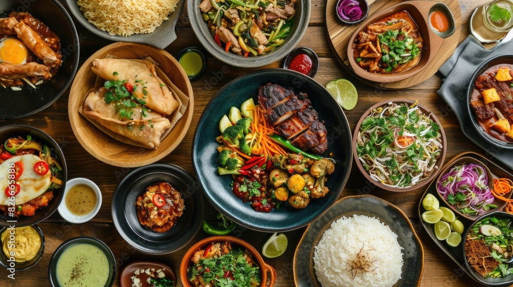 A table full of food with a variety of dishes including rice, meat, and vegetables. The table is set for a large gathering of people to enjoy the meal together