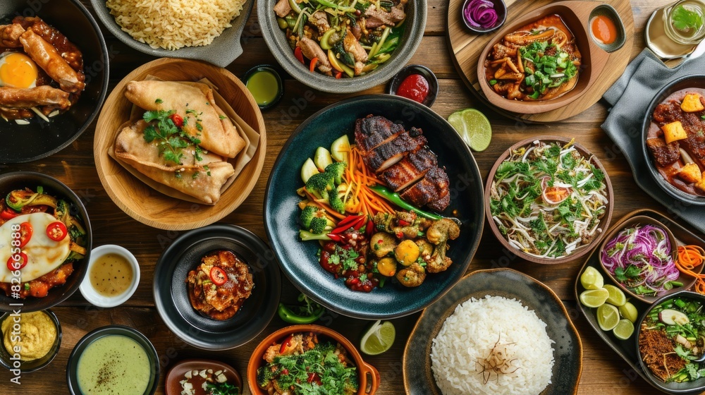 A table full of food with a variety of dishes including rice, meat, and vegetables. The table is set for a large gathering of people to enjoy the meal together A table full of food with a variety of dishes including rice, meat, and vegetables. The table is set for a large gathering of people to enjoy the meal together