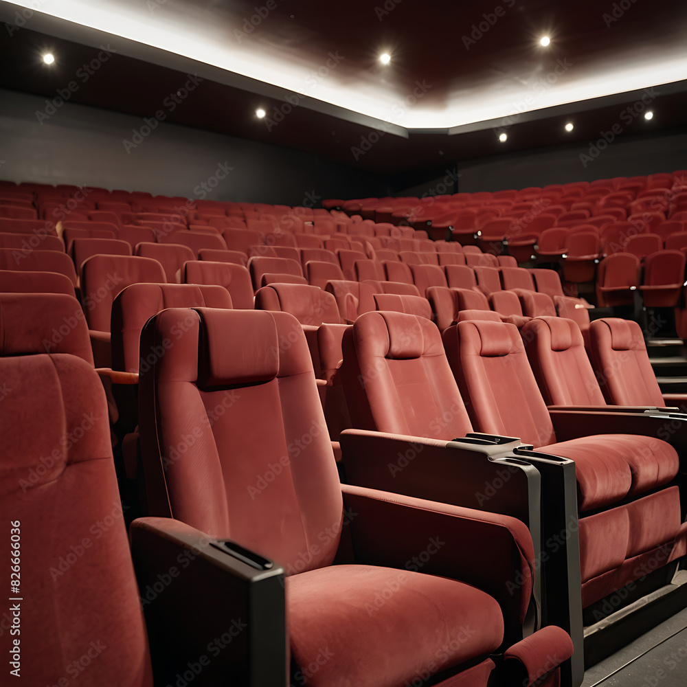 A Close up of multiple rows of red theatre seats at a cinema hall, front view with copy space
A Close up of multiple rows of red theatre seats at a cinema hall, front view with copy space