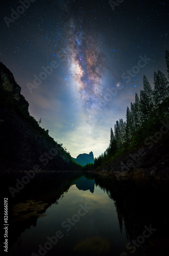 Milky way and star with silhouette mountain reflection at lake of Phang Nga, Thailand.