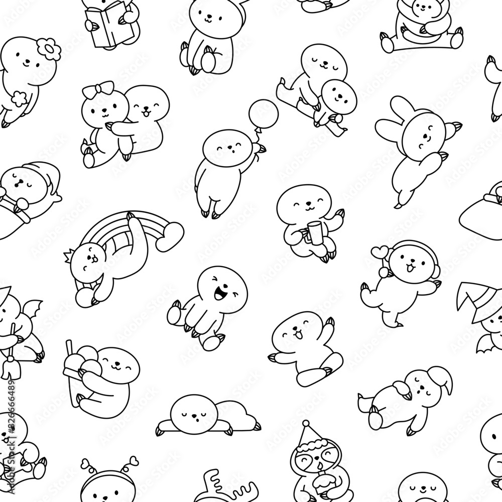 Fototapeta premium Cute kawaii baby sloth. Seamless pattern. Coloring Page. Cartoon funny animal character. Hand drawn style. Vector drawing. Design ornaments.