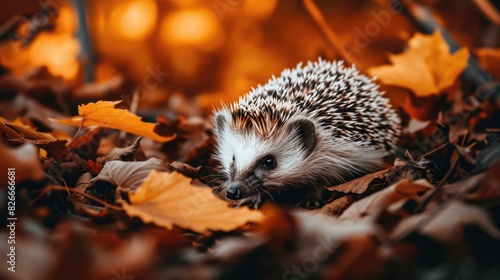 A small hedgehog is sitting on a pile of leaves. The leaves are orange and brown  and the hedgehog is surrounded by them. The scene has a cozy and peaceful atmosphere