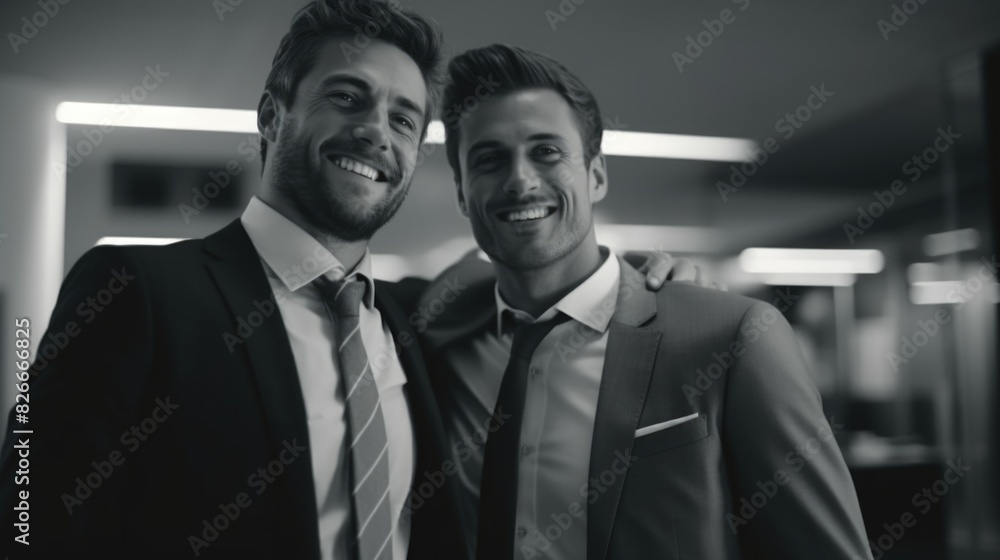 Two men in suits are smiling and hugging each other. Concept of camaraderie and friendship between the two men Two men in suits are smiling and hugging each other. Concept of camaraderie and friendship between the two men