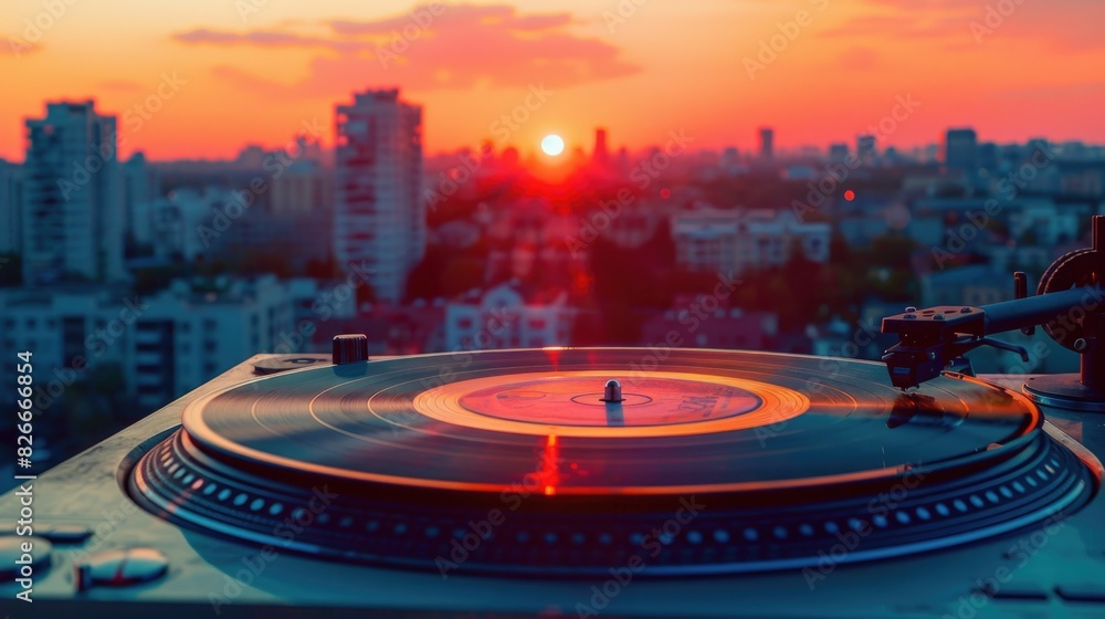 A record player is on a turntable with a sunset in the background. Scene is peaceful and relaxing