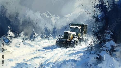 A truck is driving through a snowy field. The truck is covered in snow and he is stuck in the snow. The scene is peaceful and serene, with the snow-covered landscape creating a sense of calm