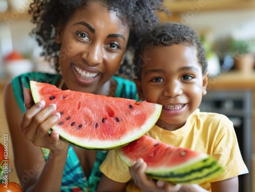 A woman and a child are holding a watermelon