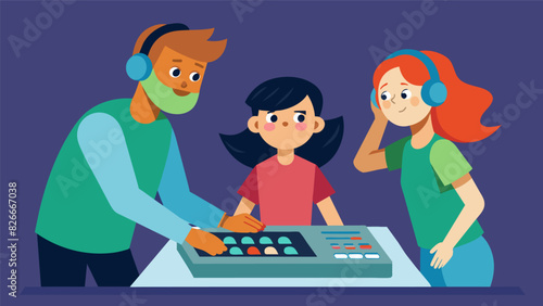 The team leader offering guidance and support to a newer member patiently teaching them how to run the soundboard during a practice session.. Vector illustration