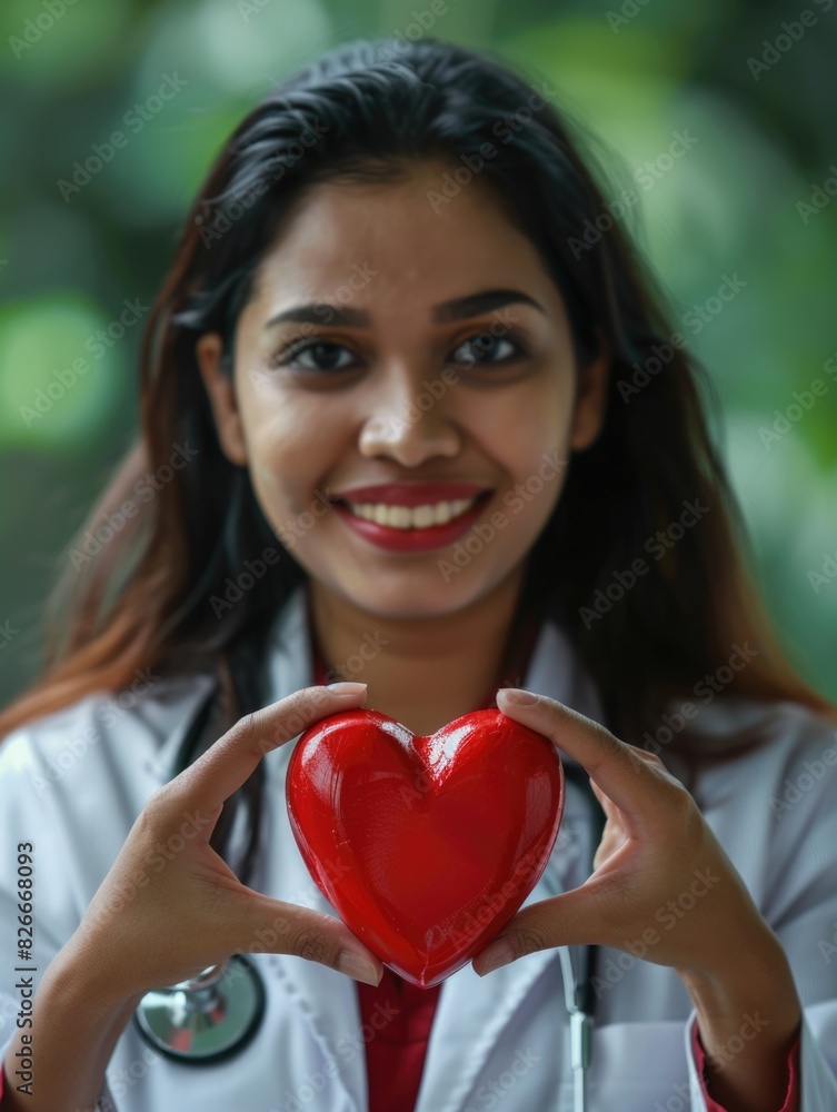 A woman wearing a white lab coat is holding a red heart. She is smiling and she is happy