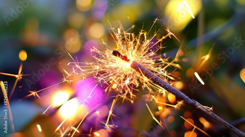 A sparkler is lit and the fire is bright and colorful. The fire is surrounded by a blurry background  giving the image a dreamy and ethereal quality
